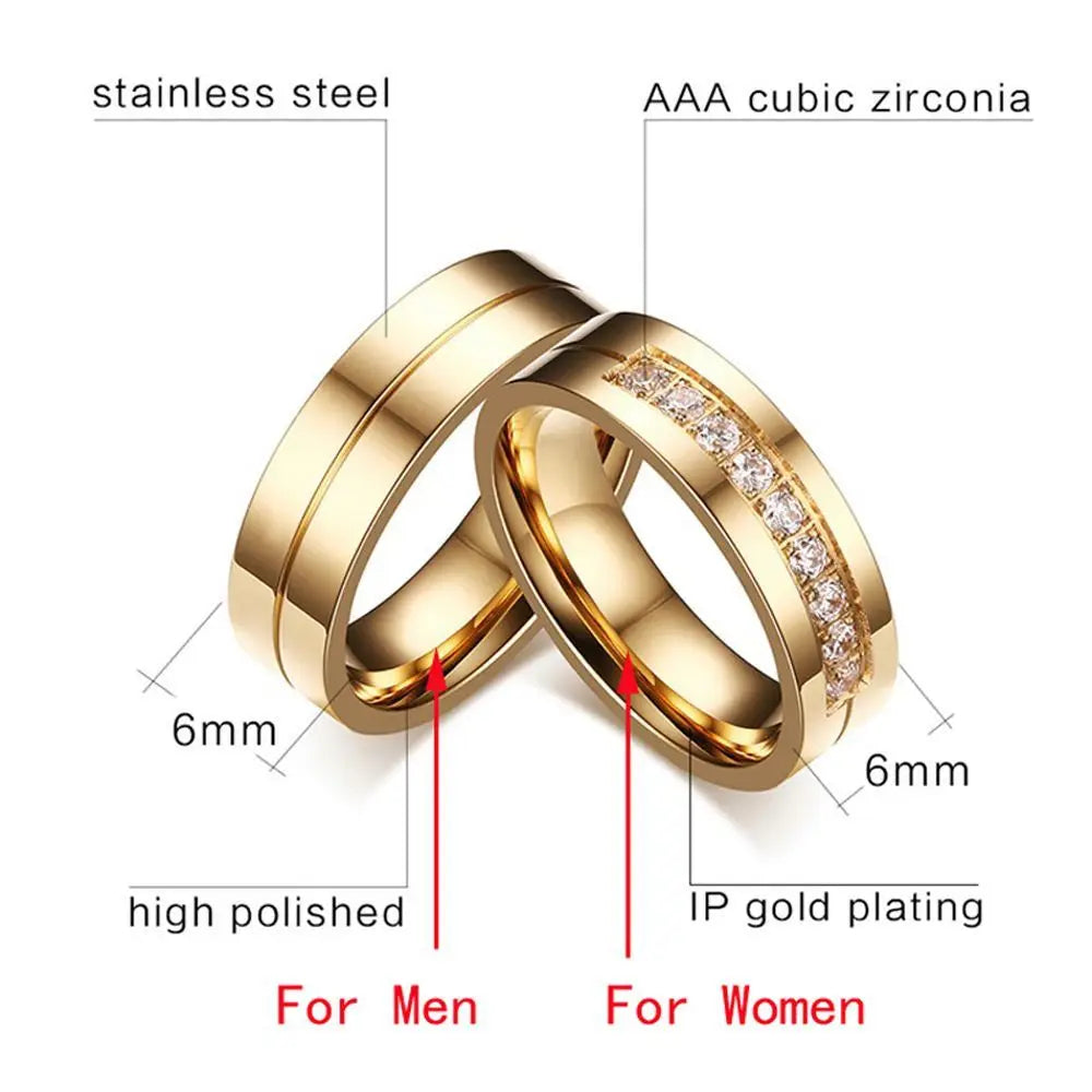 Fashion 1PC Women Men Wedding Band Rings For Love 18K Gold Plated AAA CZ Cubic Zirconia Stainless Steel Couples Ring