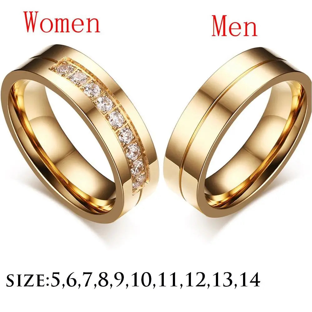 Fashion 1PC Women Men Wedding Band Rings For Love 18K Gold Plated AAA CZ Cubic Zirconia Stainless Steel Couples Ring