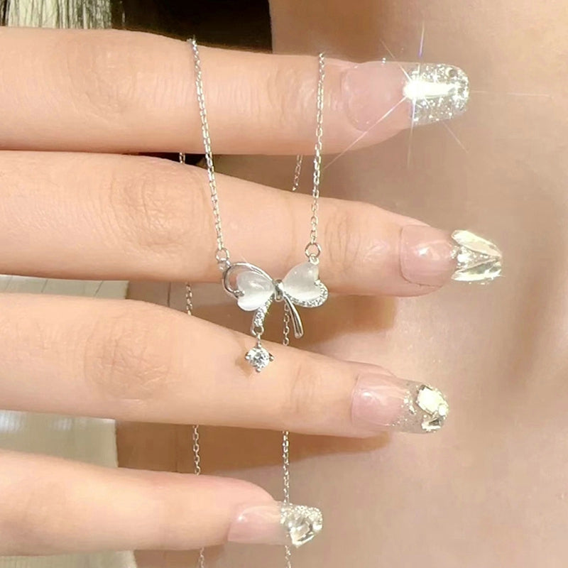 Korean Fashion Elegant Shiny Zircon Star Pendant Necklace Sweet Cute Girls Bow Knot Round Crystal Clavicle Chain Women Jewelry