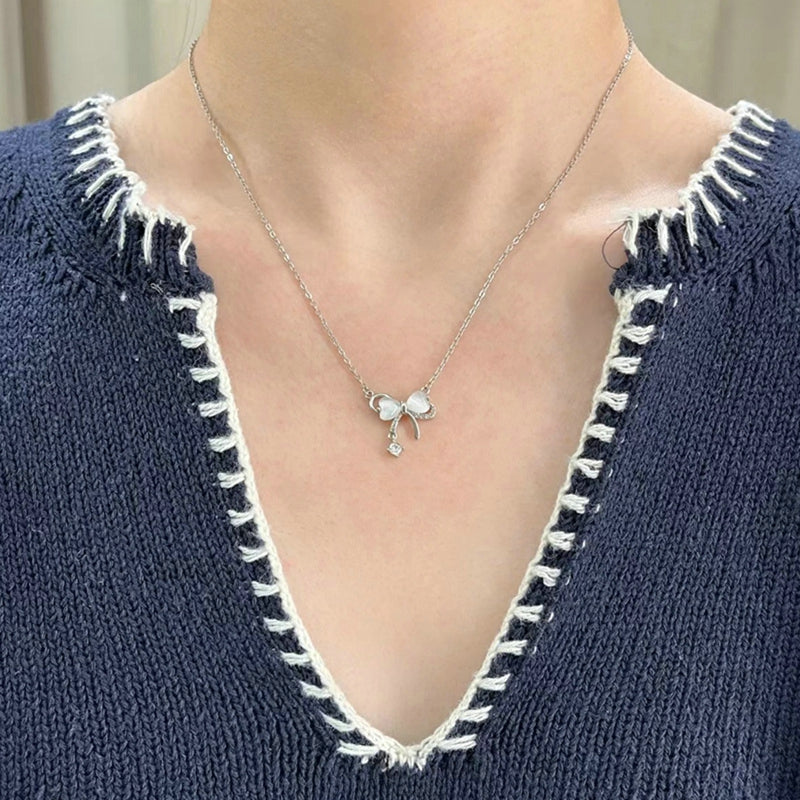 Korean Fashion Elegant Shiny Zircon Star Pendant Necklace Sweet Cute Girls Bow Knot Round Crystal Clavicle Chain Women Jewelry