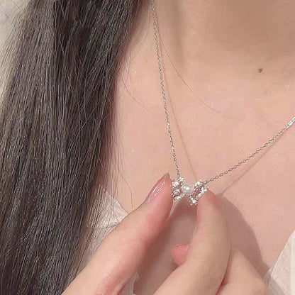 Korean Fashion Elegant Shiny Zircon Star Pendant Necklace Sweet Cute Girls Bow Knot Round Crystal Clavicle Chain Women Jewelry