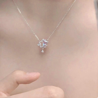 Korean Fashion Elegant Shiny Zircon Star Pendant Necklace Sweet Cute Girls Bow Knot Round Crystal Clavicle Chain Women Jewelry