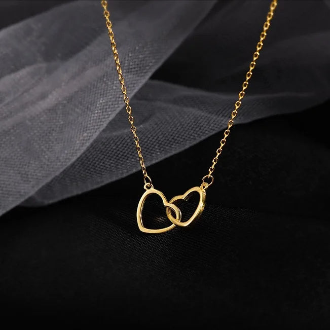 Simple Double Heart Pendant Necklace for Women Couple Stainless Steel Choker Gold Color Chain Wedding Party Friends Jewelry Gift