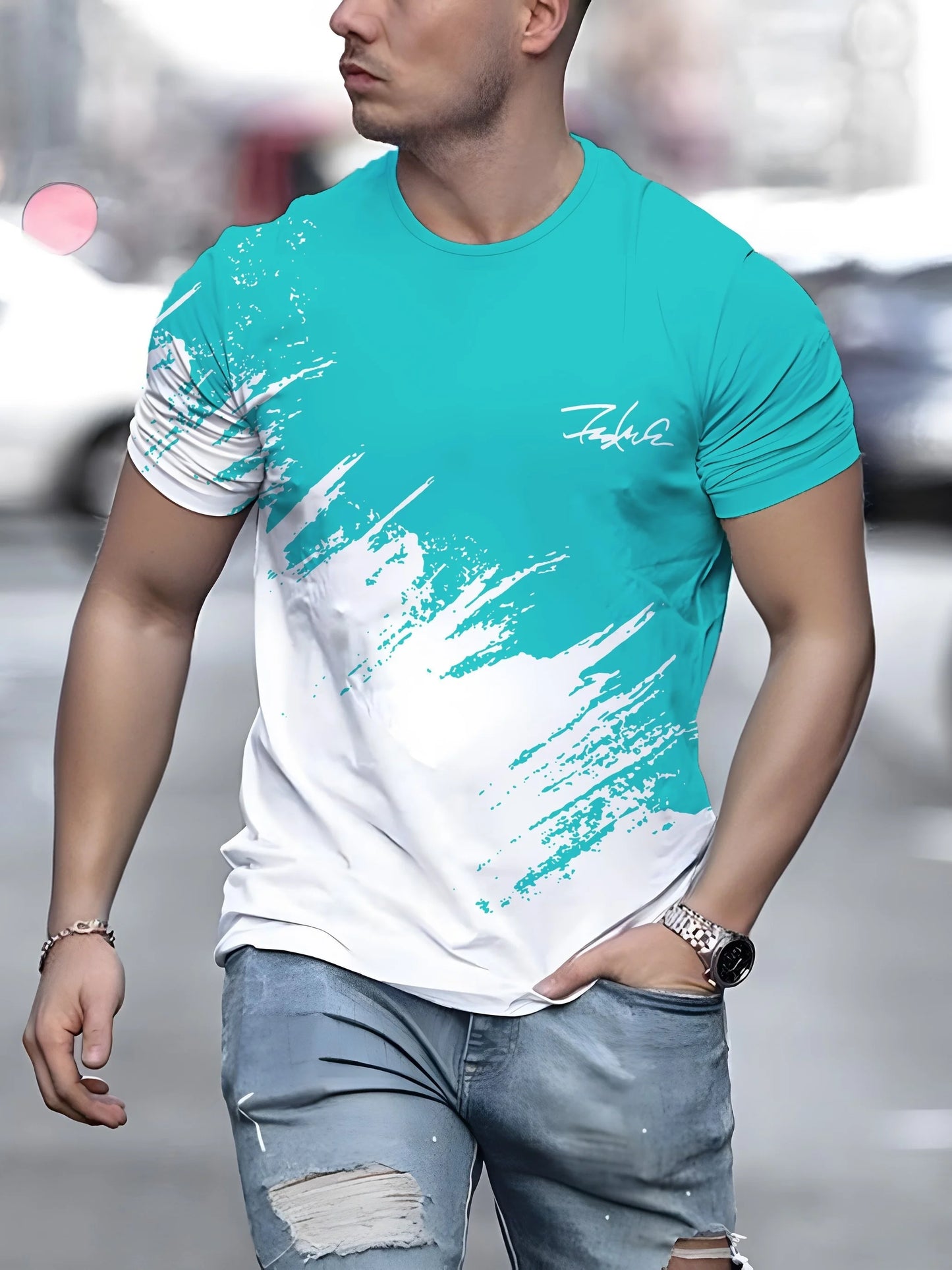 Casual Men's T-Shirt Gradient Printed Short Sleeve T-Shirt For Men 3d Text Pattern Tees Top Fashion Street Design Men's Clothing