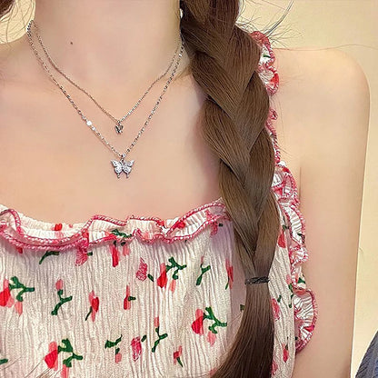 1PCS Double Layer Clavicle Chain Cool Neck Chain Fashion Shiny Butterfly Necklace Ladies Exquisite For Women Jewelry Gift