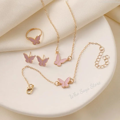 4pcs/Set Sweet Jewelry Set Butterfly Pendant Imitation Pearl Necklace for Women Pearl Earrings Girl Jewellery Women Gift