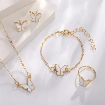 New Romantic 5 Flower Petal Pendant Necklace Set for Women Girls Stud Earring Bracelet Ring Combination Jewelry Party Gifts