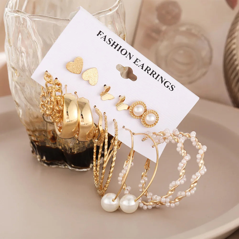 1Set Hot Selling Personalized Retro Pearl Heart Large Circle Earring Set for Women's Temperament Card Earrings Set Wholesale