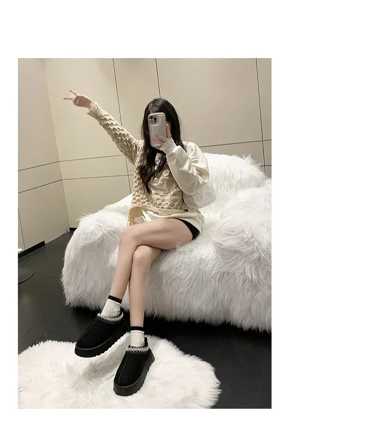 Snow Boots for Women 2023 Winter New Cashmere Warm Thick Soles Without Heel-covered Hair Half Slipper Cotton Shoes for Women