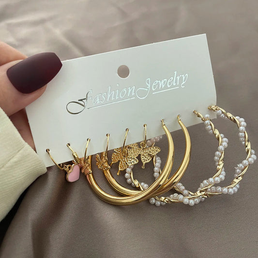 Vintage Geometric Gold Color Hoop Earrings Set Imitation Pearls Acrylic Butterfly Heart Dangle Drop Earrings Trend Jewelry Gifts