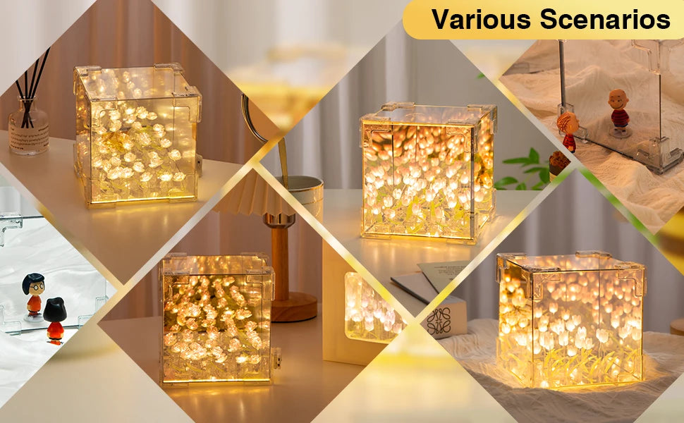 DIY Tulip Night Light Led Decorative Night Lamp Magic Cube Table Lamp and Mirror 2 in 1 for Birthday Gifts and Christmas Present