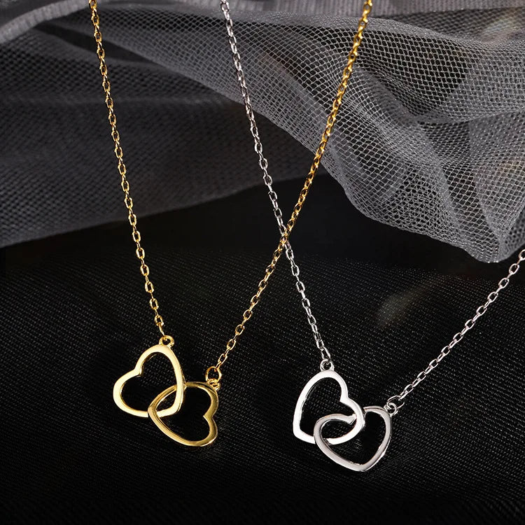 Simple Double Heart Pendant Necklace for Women Couple Stainless Steel Choker Gold Color Chain Wedding Party Friends Jewelry Gift