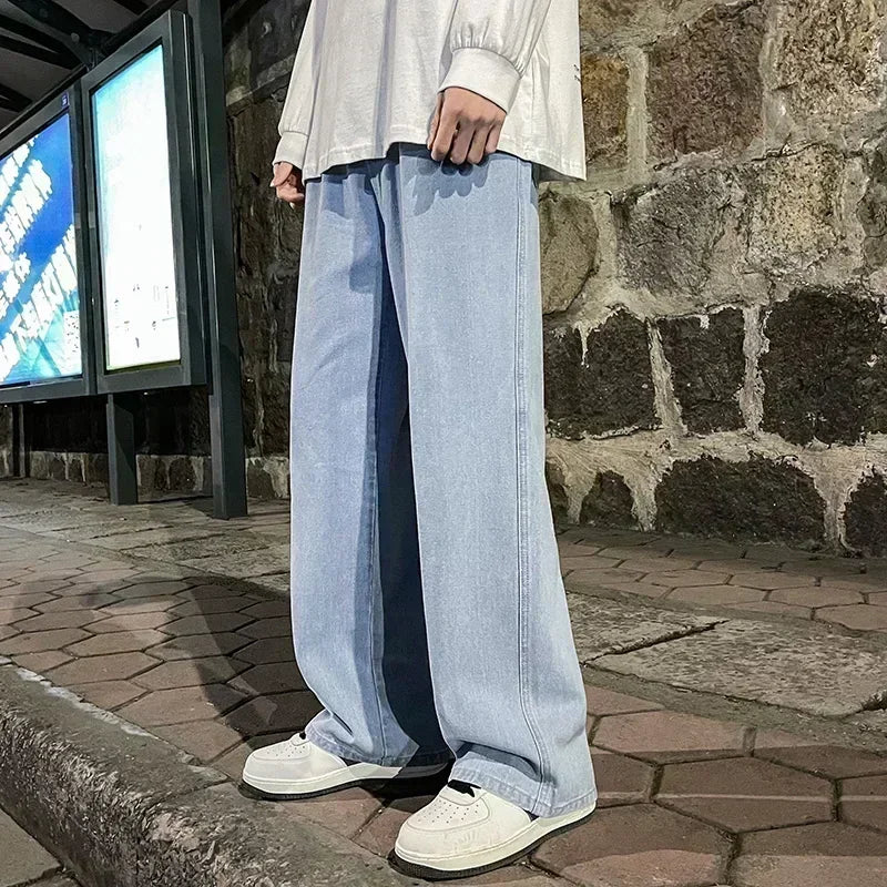 2024 New Streetwear Loose Jeans Men Korean Style Fashion Loose Straight Wide Leg Pants Men's Brand Clothing Black Light Blue