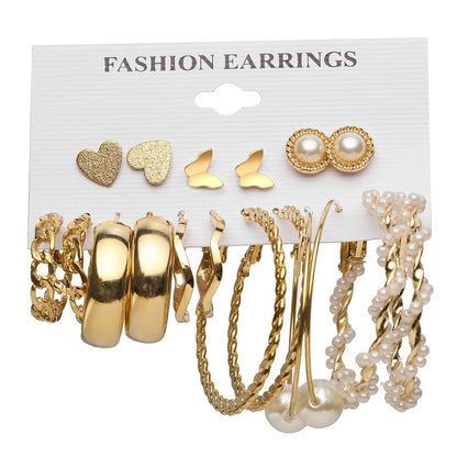 1Set Hot Selling Personalized Retro Pearl Heart Large Circle Earring Set for Women's Temperament Card Earrings Set Wholesale