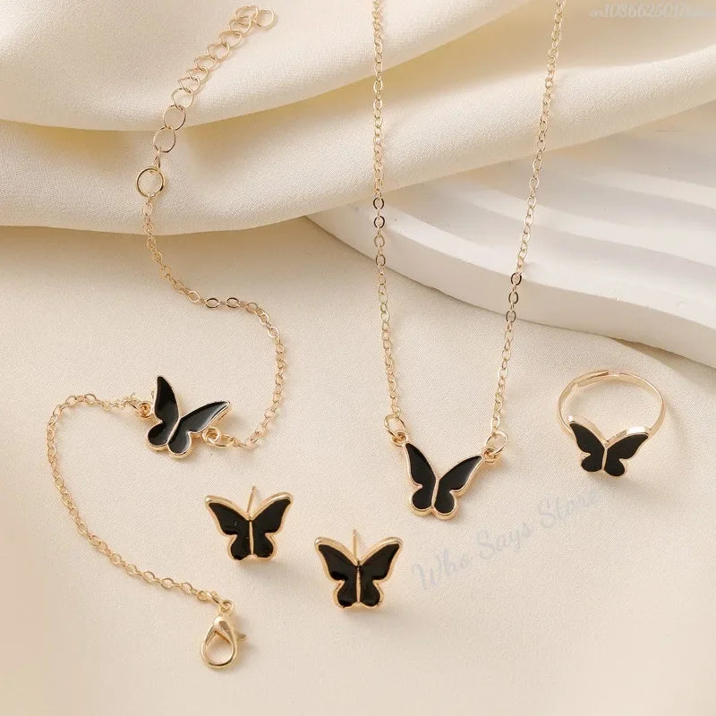 4pcs/Set Sweet Jewelry Set Butterfly Pendant Imitation Pearl Necklace for Women Pearl Earrings Girl Jewellery Women Gift