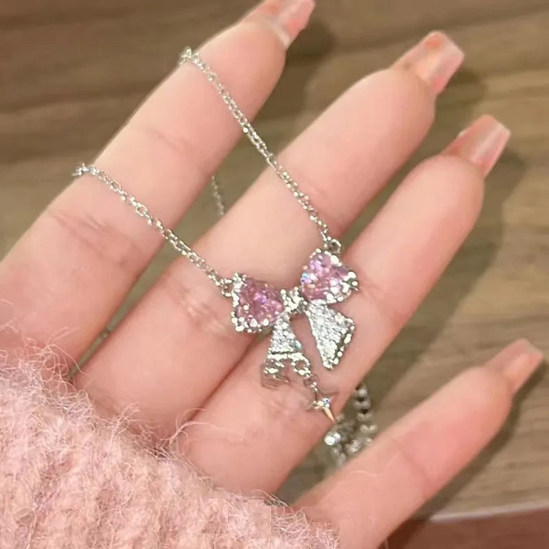 Korea New Design Bowknot Pink Zircon Cross Pendant Necklaces Fashion Temperament Clavicle Chain for Women Trendy Party Jewelry