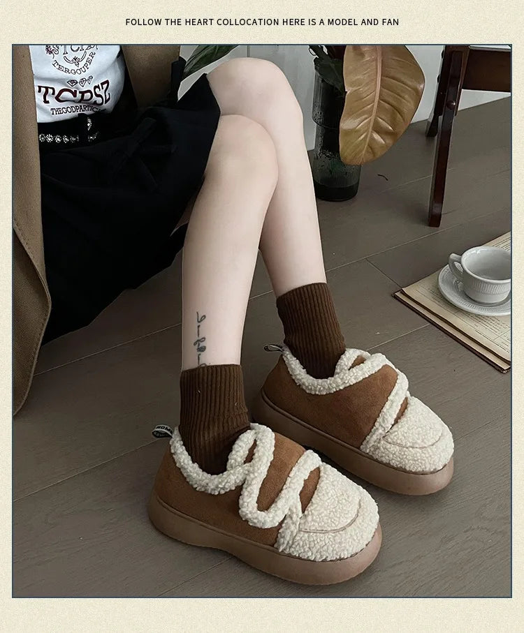 Warm Lamb Wool Cotton Padded Shoes Women New Flat Thicken Plush Winter Boots Woman Non Slip Thick Bottom Ankle Snow Boots