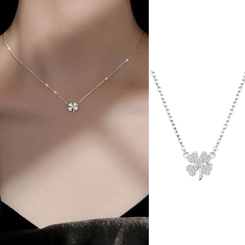 Fashion Four-leaf Clover Necklace Luck Leaves Crystal Zircon Pendant Clavicle Chain For Women Light Luxury Party Jewelry Gift