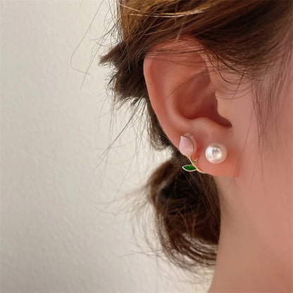 Sweet Fashion Enamel Pearl Tulip Flower Stud Earrings for Women Korean Temperament Zircon Back Hanging Earring Wedding Jewelry