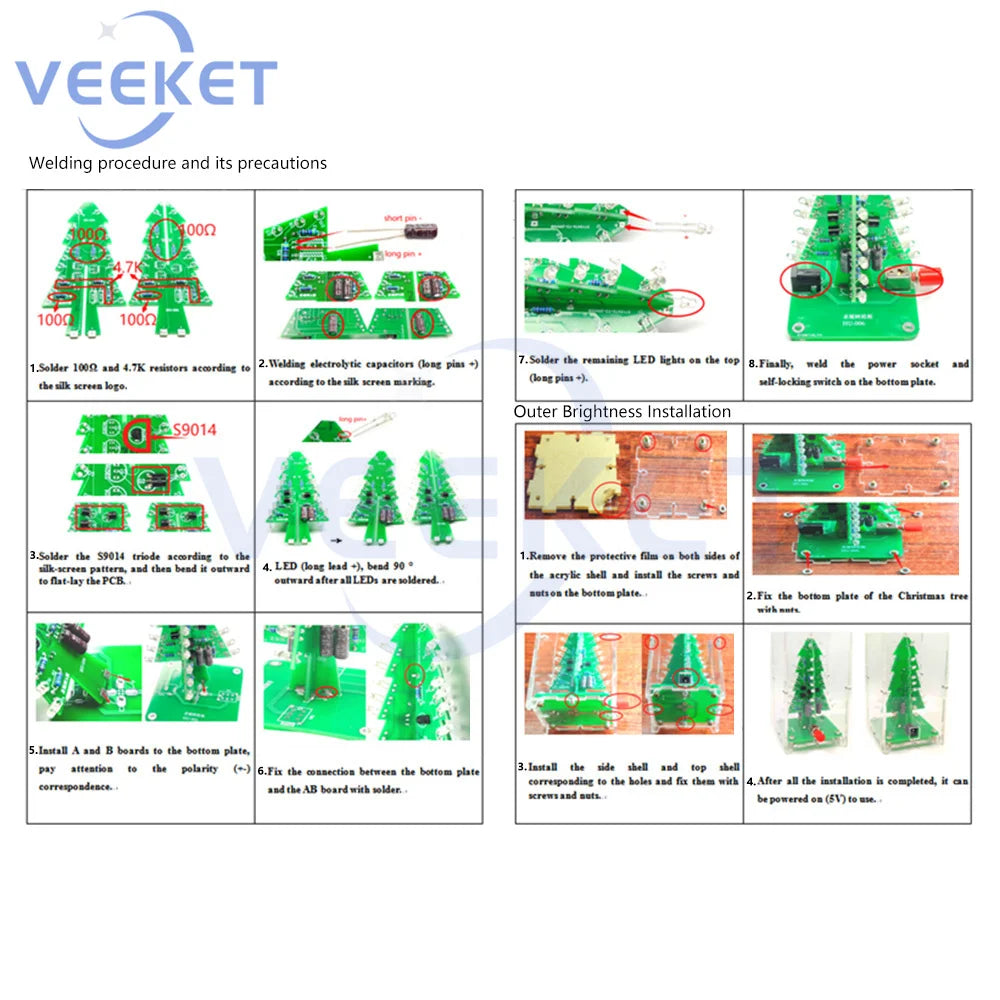 Xmas Tree DIY Kits RGB LED Flashing Tree DIY Kits Electronics Soldering Colorful 3D for Soldering Practice Learning