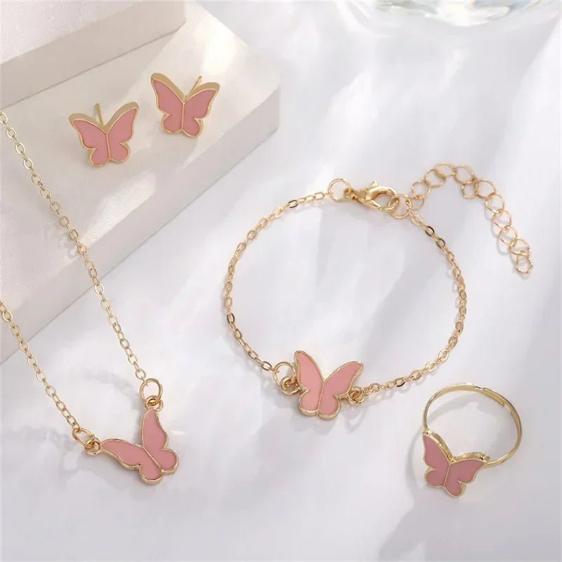 New Romantic 5 Flower Petal Pendant Necklace Set for Women Girls Stud Earring Bracelet Ring Combination Jewelry Party Gifts