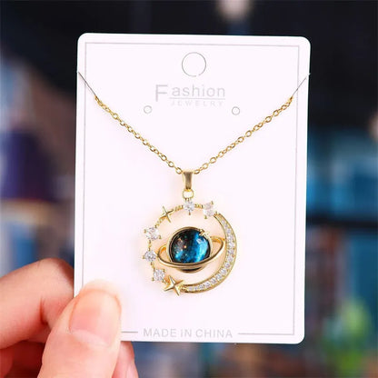 Luxury Inlaid Zircon Planet Moon Pendant Necklace For Women Titanium Steel Butterfly Water Drop Clavicle Chain Charm Jewelry