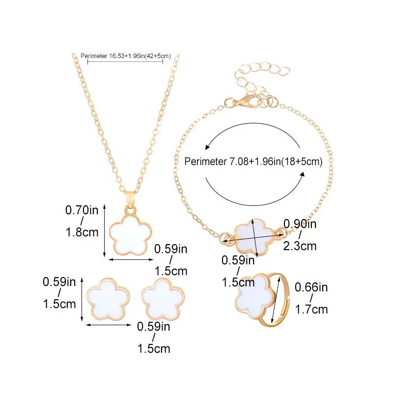 New Romantic 5 Flower Petal Pendant Necklace Set for Women Girls Stud Earring Bracelet Ring Combination Jewelry Party Gifts