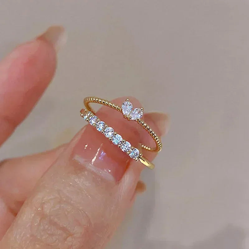 Gold Silver Color Heart Rings Set for Women Girls Luxury Cubic Zirconia Twist Wedding Ring Adjustable Fashion Jewelry Gifts