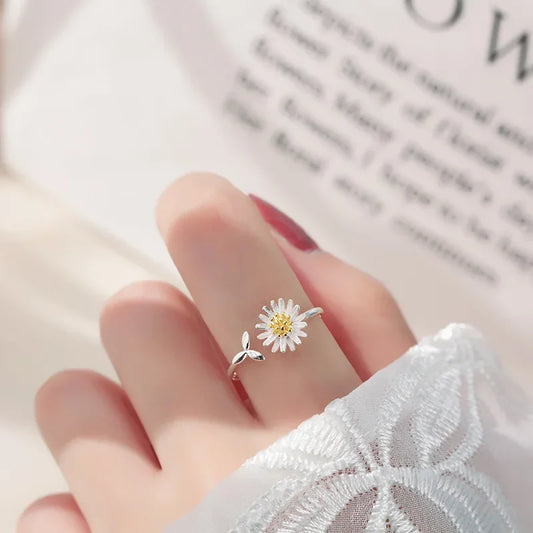 Vintage Daisy Flower Rings For Women Korean Style Adjustable Opening Finger Ring Bride Wedding Engagement Statement Jewelry Gif