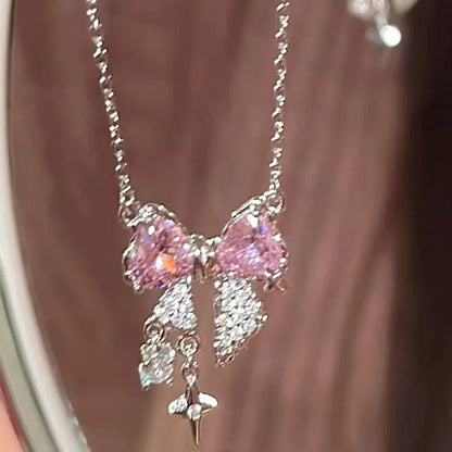 Korea New Design Bowknot Pink Zircon Cross Pendant Necklaces Fashion Temperament Clavicle Chain for Women Trendy Party Jewelry