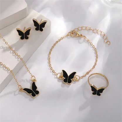 New Romantic 5 Flower Petal Pendant Necklace Set for Women Girls Stud Earring Bracelet Ring Combination Jewelry Party Gifts