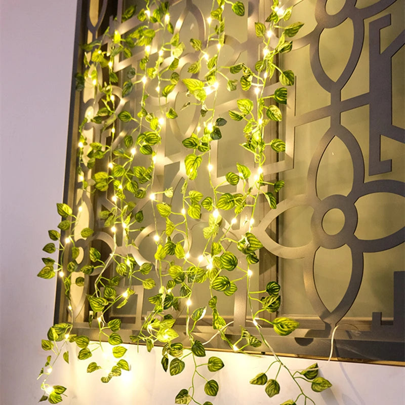 2.3m Silk Leaves Fake Creeper Green Leaf Ivy Vine 3m LED String Lights for Home Wedding Party Hanging Garland Artificial Flower