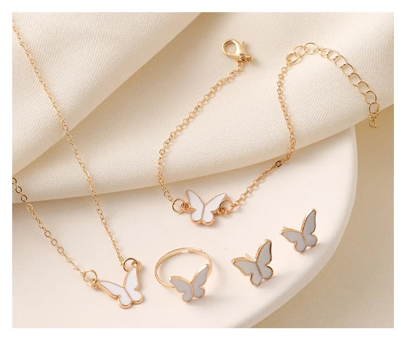 4pcs/Set Sweet Jewelry Set Butterfly Pendant Imitation Pearl Necklace for Women Pearl Earrings Girl Jewellery Women Gift