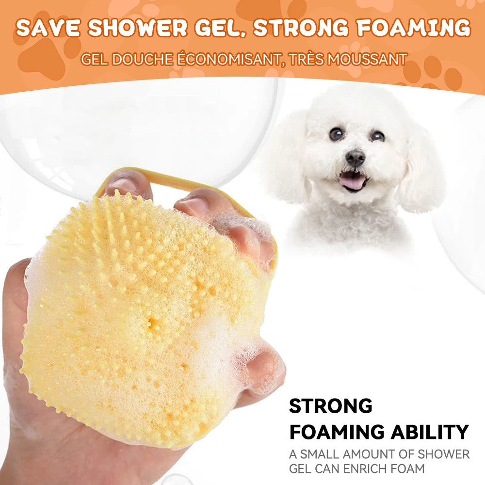 Dog Bathing Brush Pet Massage Brush Shampoo Dispenser Soft Silicone Brush Rubber Bristle for Dogs and Cats Shower Grooming Tool