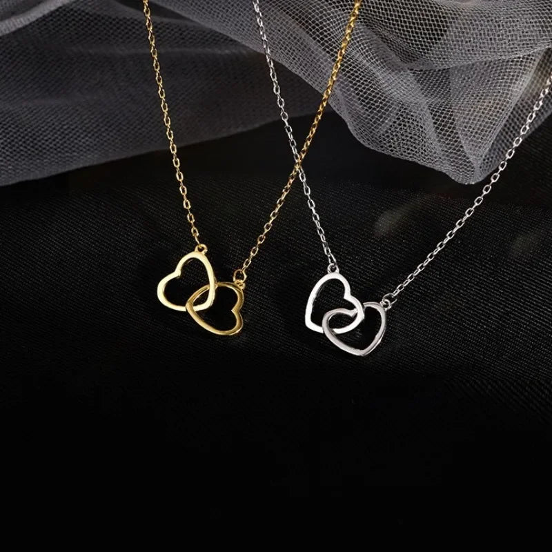 Simple Double Heart Pendant Necklace for Women Couple Stainless Steel Choker Gold Color Chain Wedding Party Friends Jewelry Gift