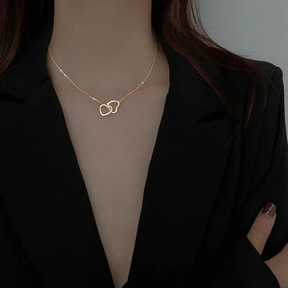 Simple Double Heart Pendant Necklace for Women Couple Stainless Steel Choker Gold Color Chain Wedding Party Friends Jewelry Gift