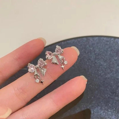 Y2K Bowknot Zircon Stud Earrings for Women Fashion Korean Silver Color Pink Crystal Personality Earring Girl Party Jewelry Gifts