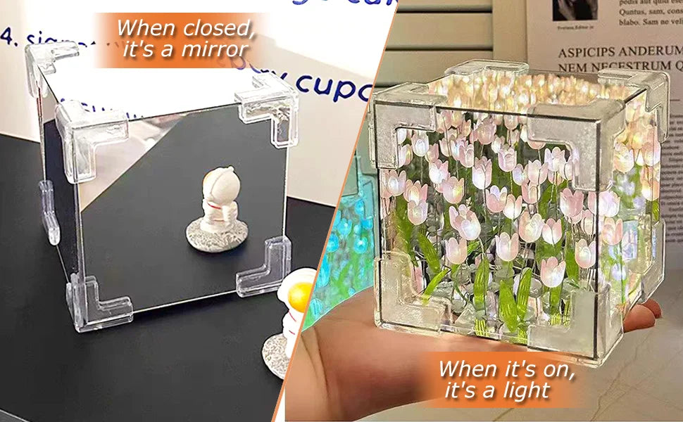 DIY Tulip Night Light Led Decorative Night Lamp Magic Cube Table Lamp and Mirror 2 in 1 for Birthday Gifts and Christmas Present