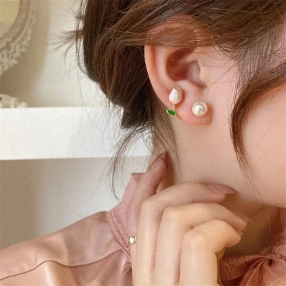 Sweet Fashion Enamel Pearl Tulip Flower Stud Earrings for Women Korean Temperament Zircon Back Hanging Earring Wedding Jewelry