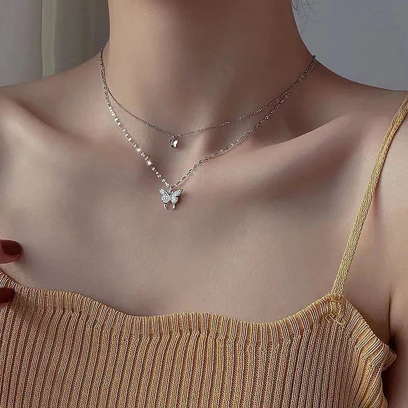 1PCS Double Layer Clavicle Chain Cool Neck Chain Fashion Shiny Butterfly Necklace Ladies Exquisite For Women Jewelry Gift