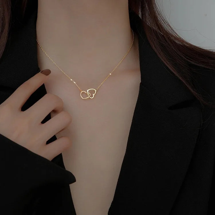 Simple Double Heart Pendant Necklace for Women Couple Stainless Steel Choker Gold Color Chain Wedding Party Friends Jewelry Gift