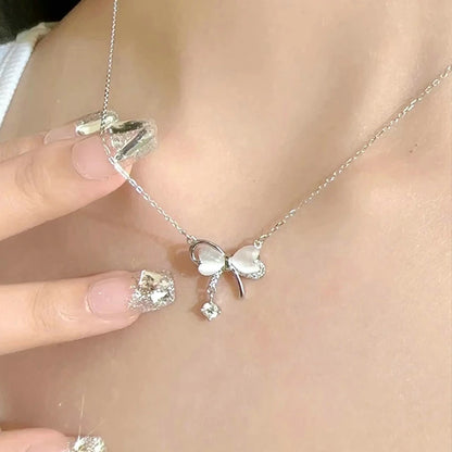 Korean Fashion Elegant Shiny Zircon Star Pendant Necklace Sweet Cute Girls Bow Knot Round Crystal Clavicle Chain Women Jewelry