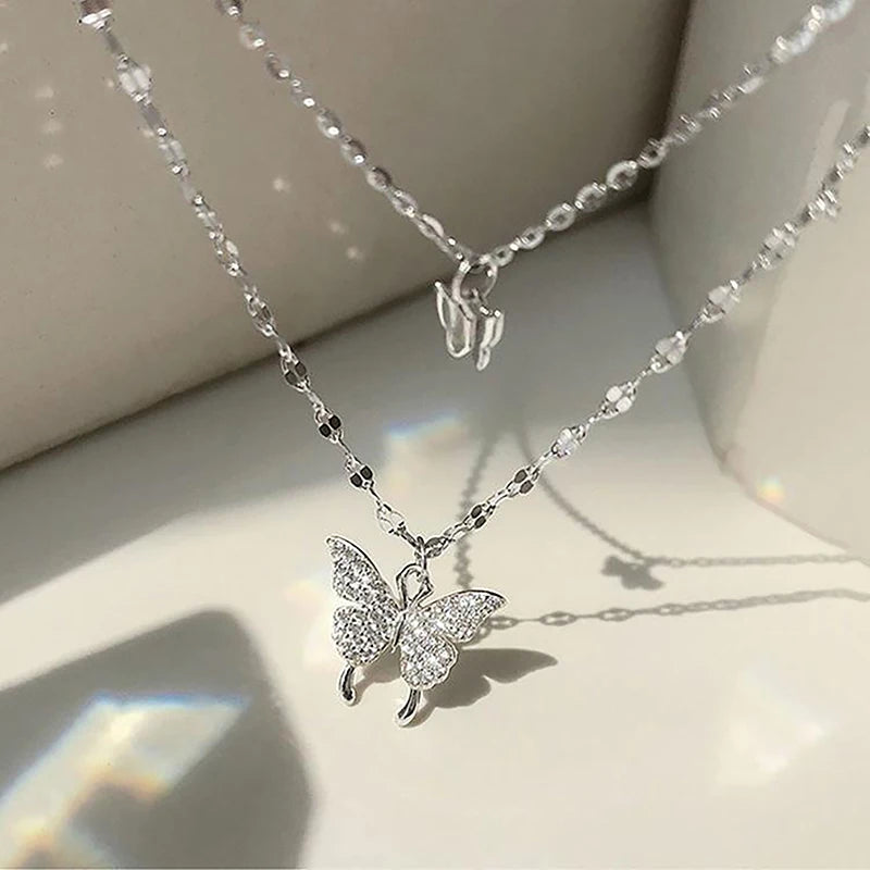 1PCS Double Layer Clavicle Chain Cool Neck Chain Fashion Shiny Butterfly Necklace Ladies Exquisite For Women Jewelry Gift