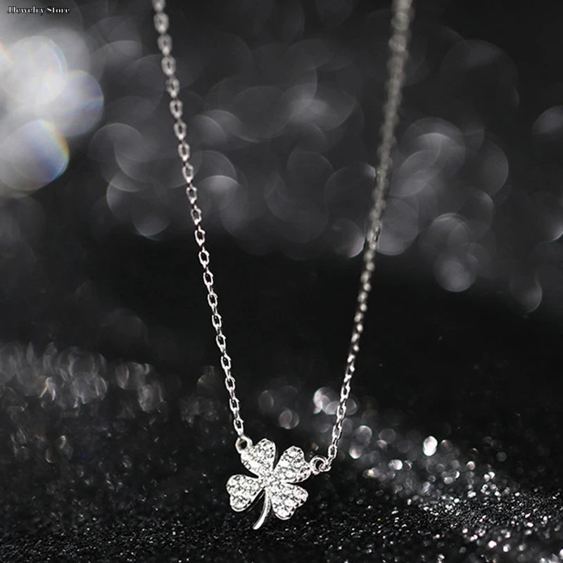 Fashion Four-leaf Clover Necklace Luck Leaves Crystal Zircon Pendant Clavicle Chain For Women Light Luxury Party Jewelry Gift