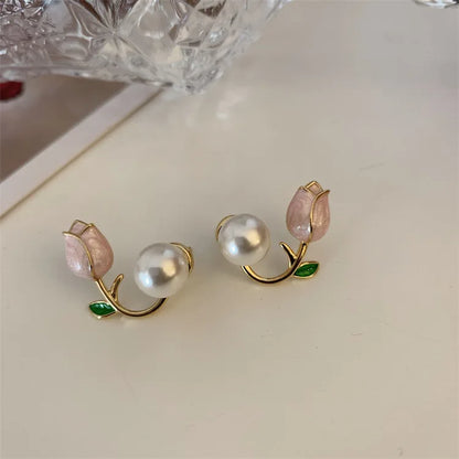 Sweet Fashion Enamel Pearl Tulip Flower Stud Earrings for Women Korean Temperament Zircon Back Hanging Earring Wedding Jewelry