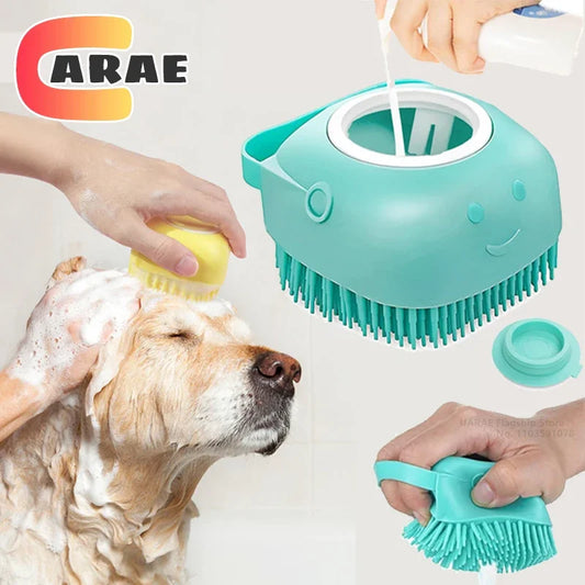 Dog Bathing Brush Pet Massage Brush Shampoo Dispenser Soft Silicone Brush Rubber Bristle for Dogs and Cats Shower Grooming Tool