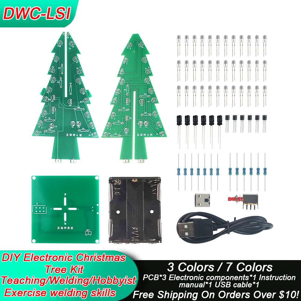 DIY Electronics Kit 3D Christmas Tree Soldering Practice Electronic Science Assembly Kit 3 Color/7 Color Flashing LED PCB