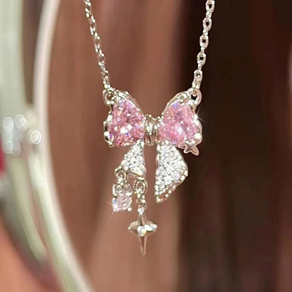 Korea New Design Bowknot Pink Zircon Cross Pendant Necklaces Fashion Temperament Clavicle Chain for Women Trendy Party Jewelry