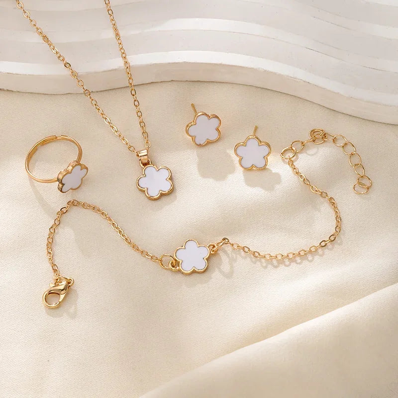 New Romantic 5 Flower Petal Pendant Necklace Set for Women Girls Stud Earring Bracelet Ring Combination Jewelry Party Gifts