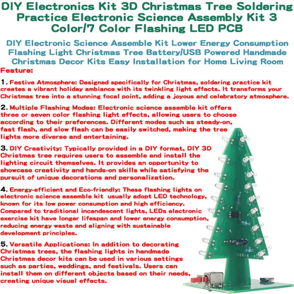 DIY Electronics Kit 3D Christmas Tree Soldering Practice Electronic Science Assembly Kit 3 Color/7 Color Flashing LED PCB